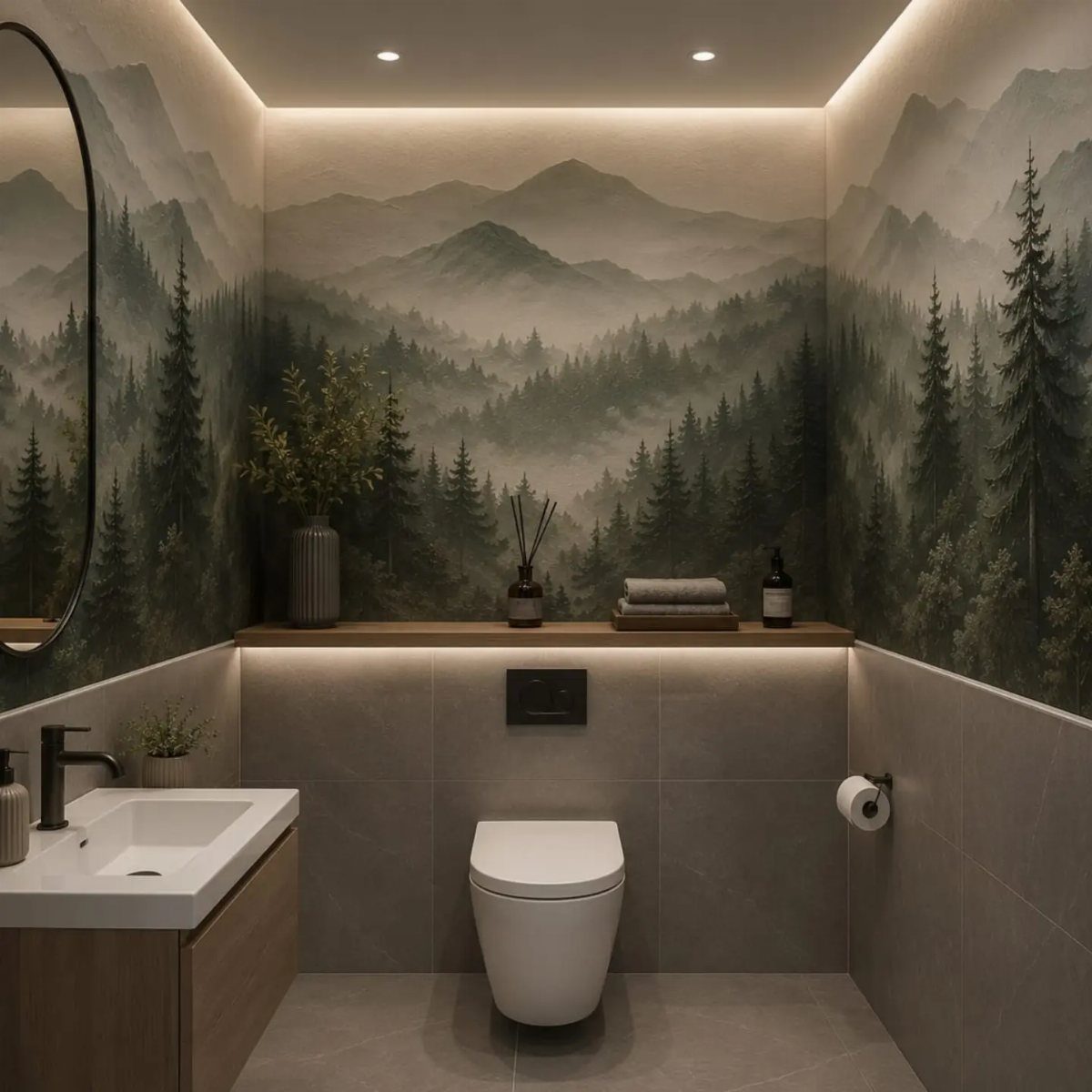 9 Bathroom Mural Ideas for Every Style and Space 4 Misty mountain and forest mural on the walls of a modern grey bathroom.