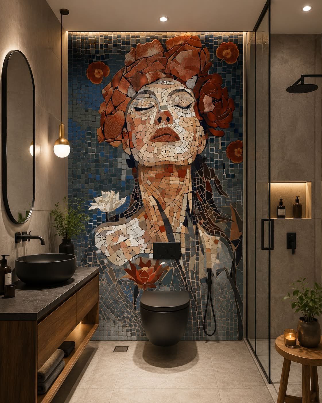9 Bathroom Mural Ideas for Every Style and Space 10 Mosaic mural of a woman's face in a modern bathroom with a black sink.