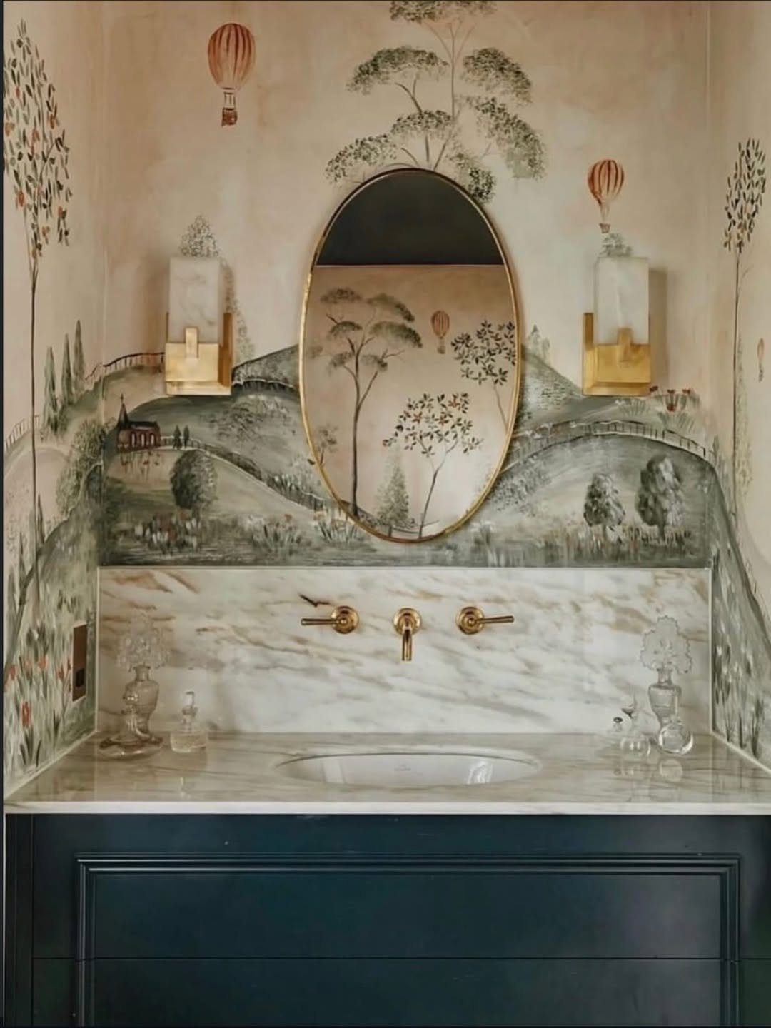 9 Bathroom Mural Ideas for Every Style and Space 9 Bathroom vanity with a landscape mural featuring rolling hills and hot air balloons.
