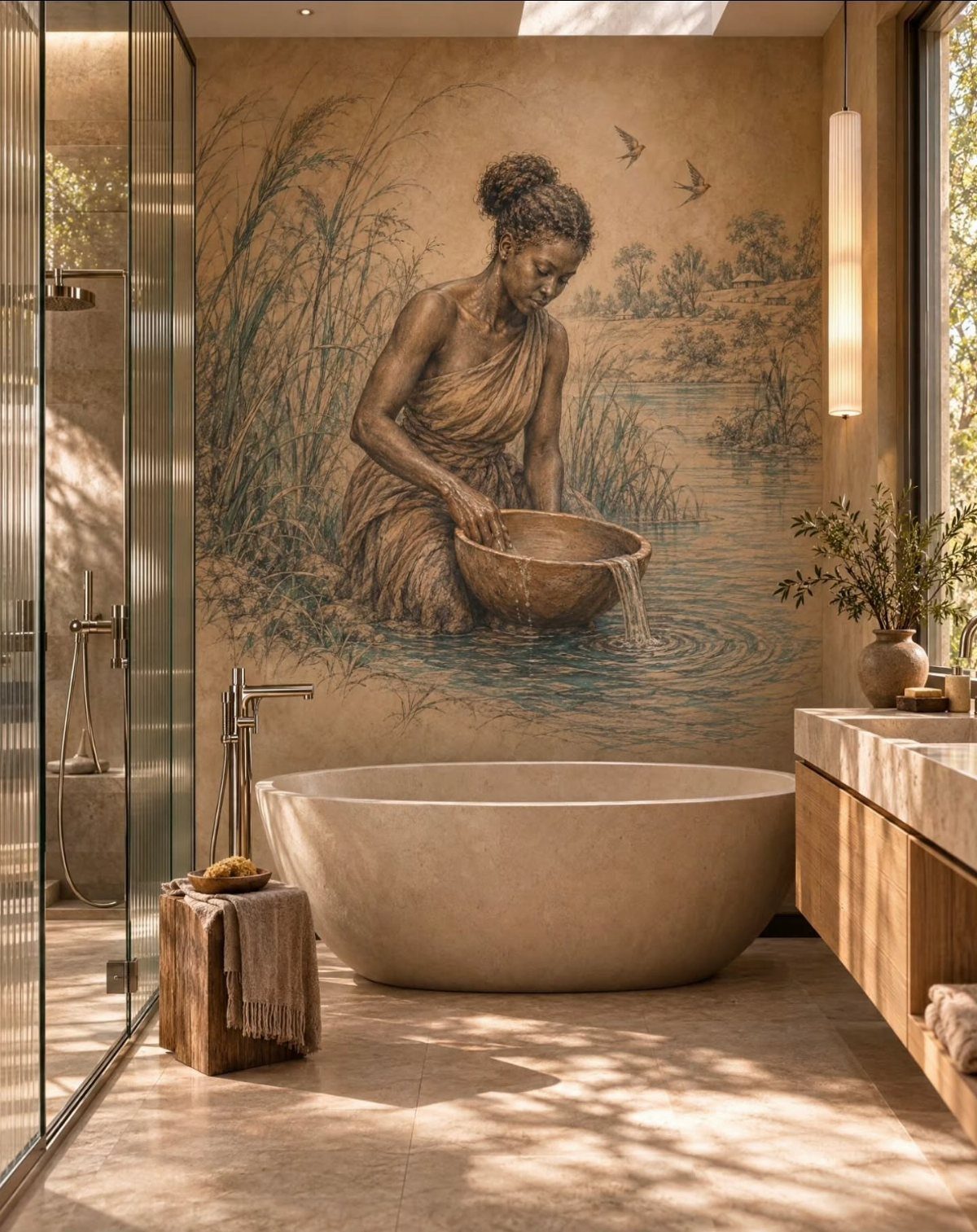 9 Bathroom Mural Ideas for Every Style and Space 7 Woman in a river mural on a bathroom wall next to a stone tub.