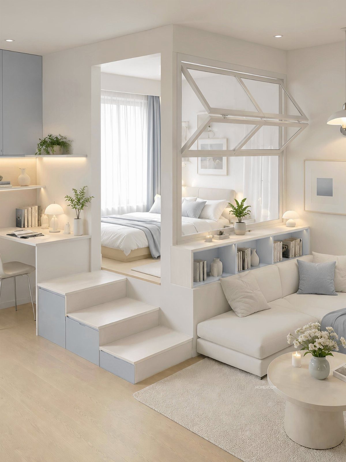 Raised platform bed area separated from a white living room by a partition wall.