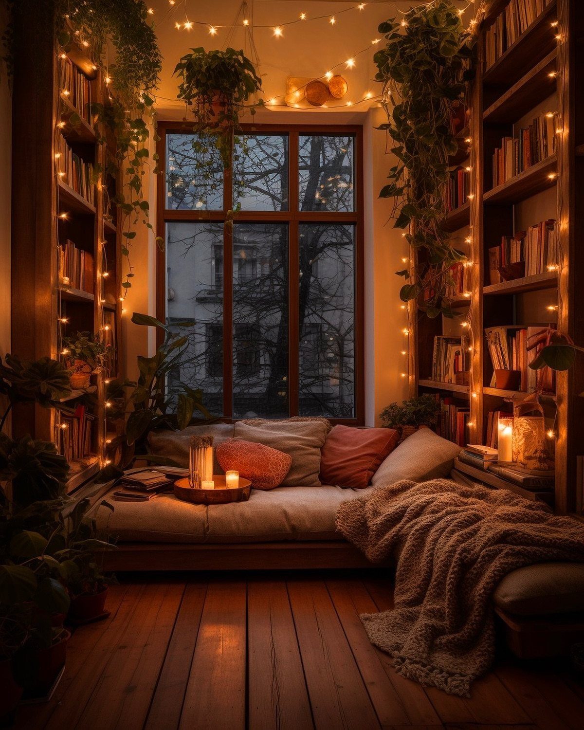 Cozy reading nook with a daybed, bookshelves, string lights, and indoor plants.