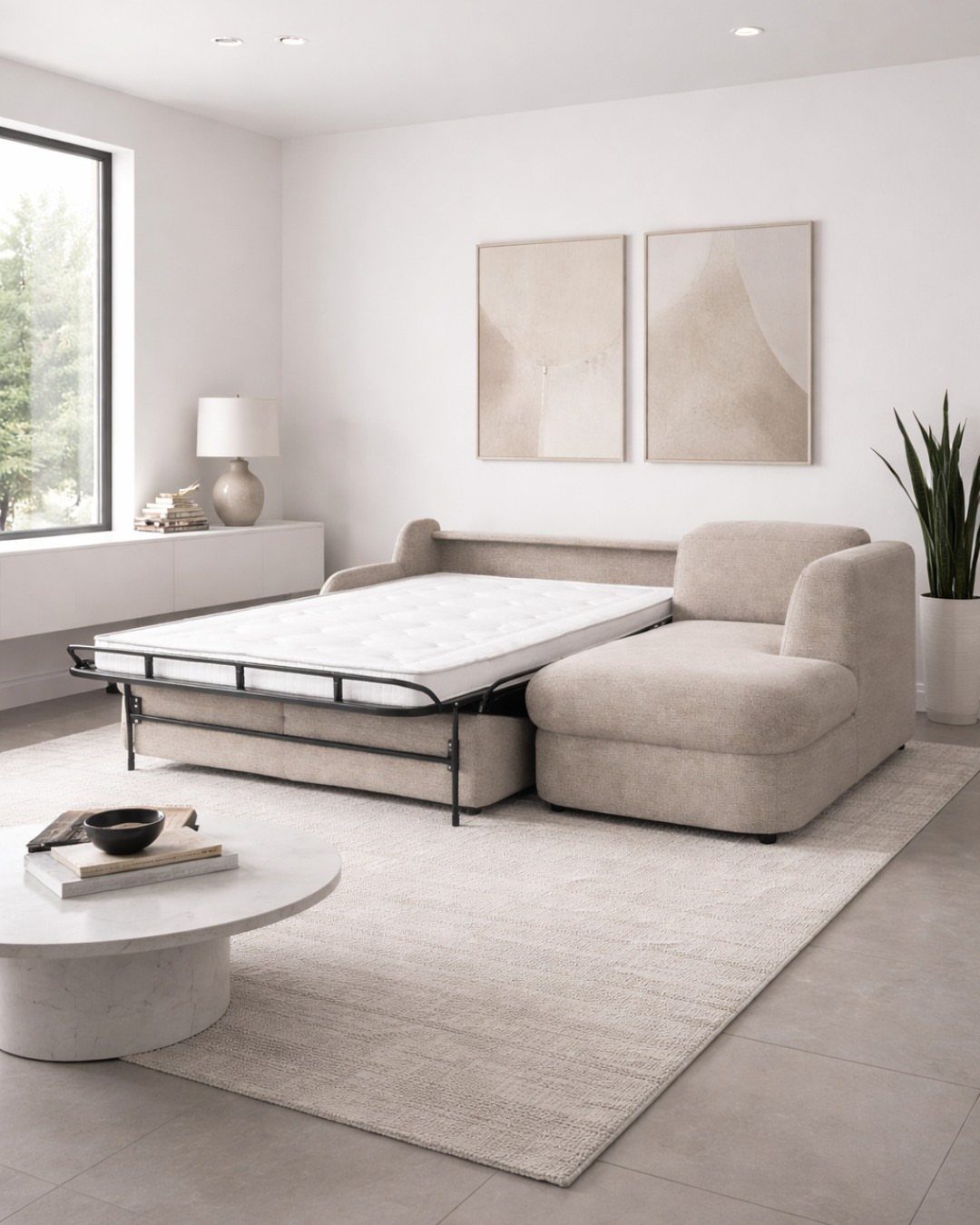 Beige sleeper sofa extended into a bed in a bright modern living room