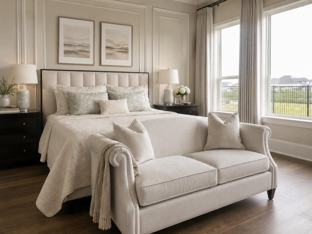 White sofa placed at the foot of a bed in a neutral bedroom