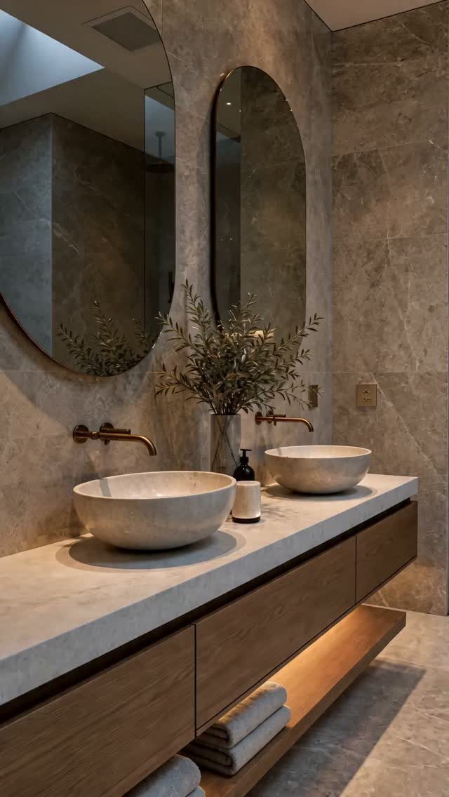 Floating wooden vanity with white vessel sinks and gold faucets in marble bathroom.