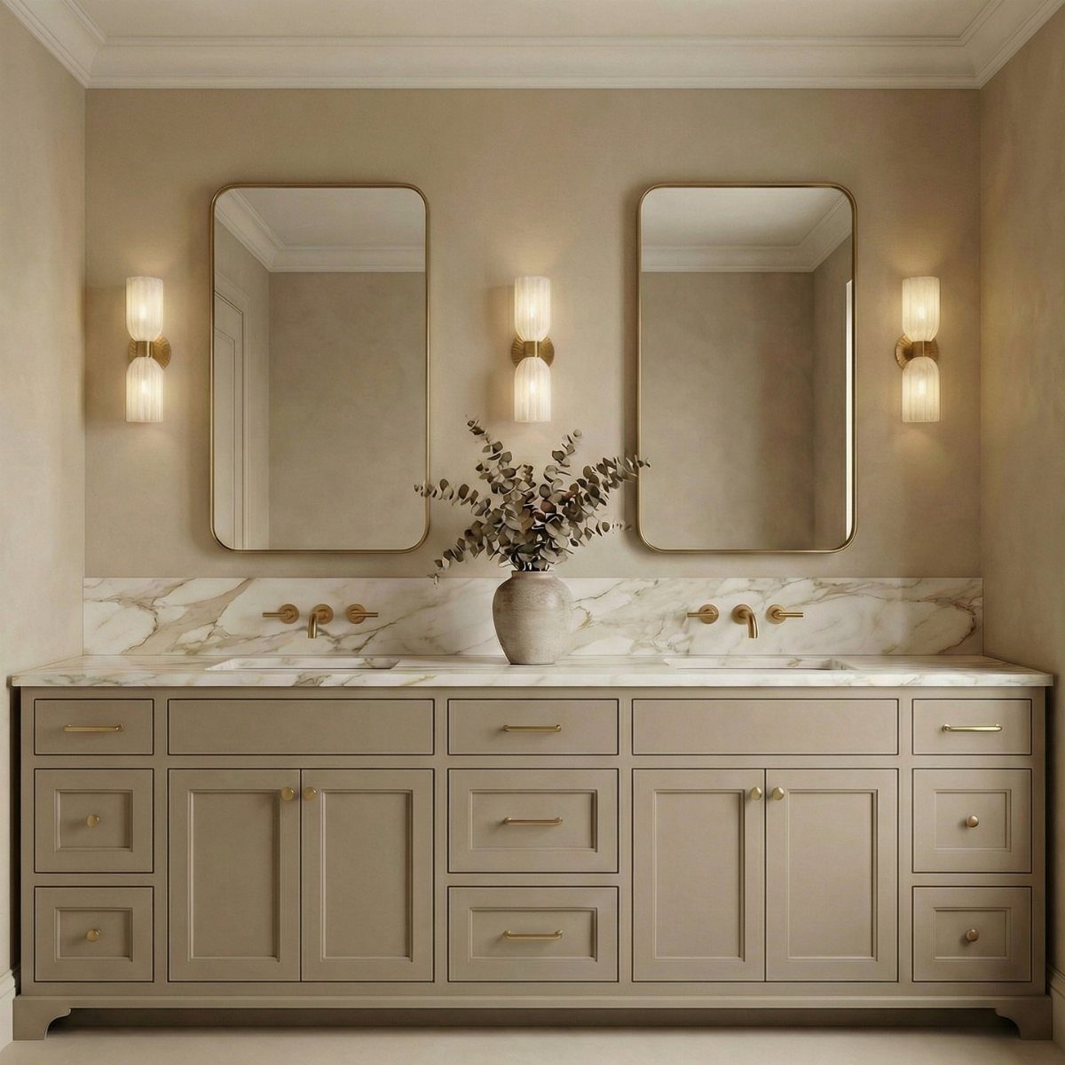 Beige bathroom vanity with gold hardware, marble countertop, and gold-framed mirrors.