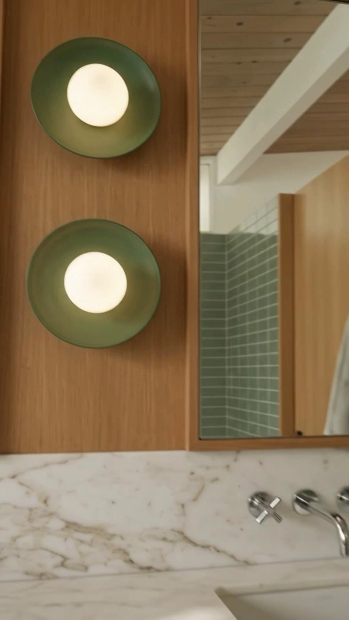Silver wall-mounted faucets on a white marble backsplash with green circular sconces.