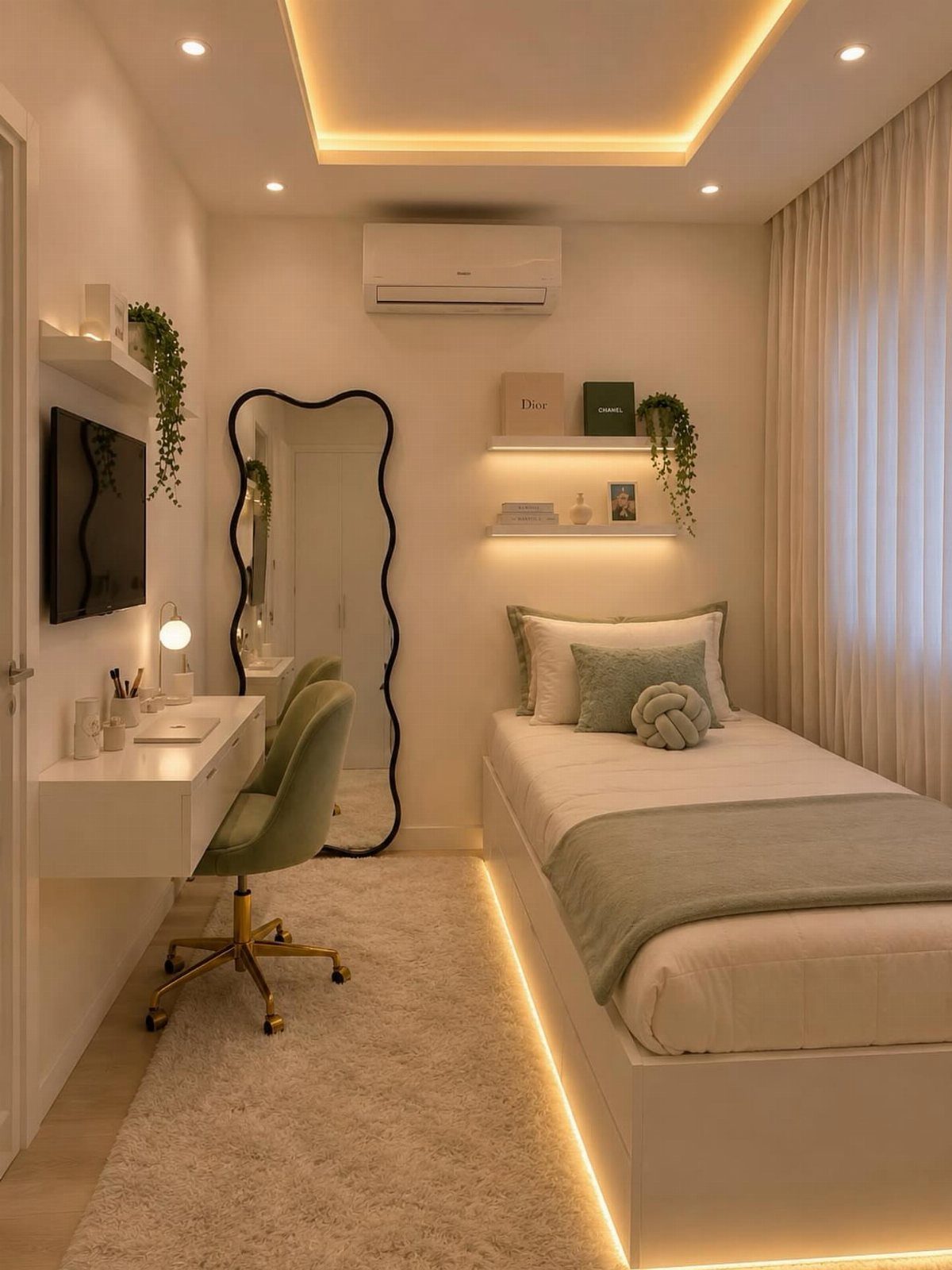 White floating dressing table and wavy full-length mirror in a small modern bedroom.